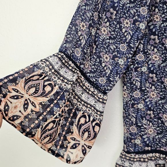 Knox Rose Boho Tunic Chiffon Blue Floral Tie Front Sz S Boho Cottagecore Country - Picture 5 of 10